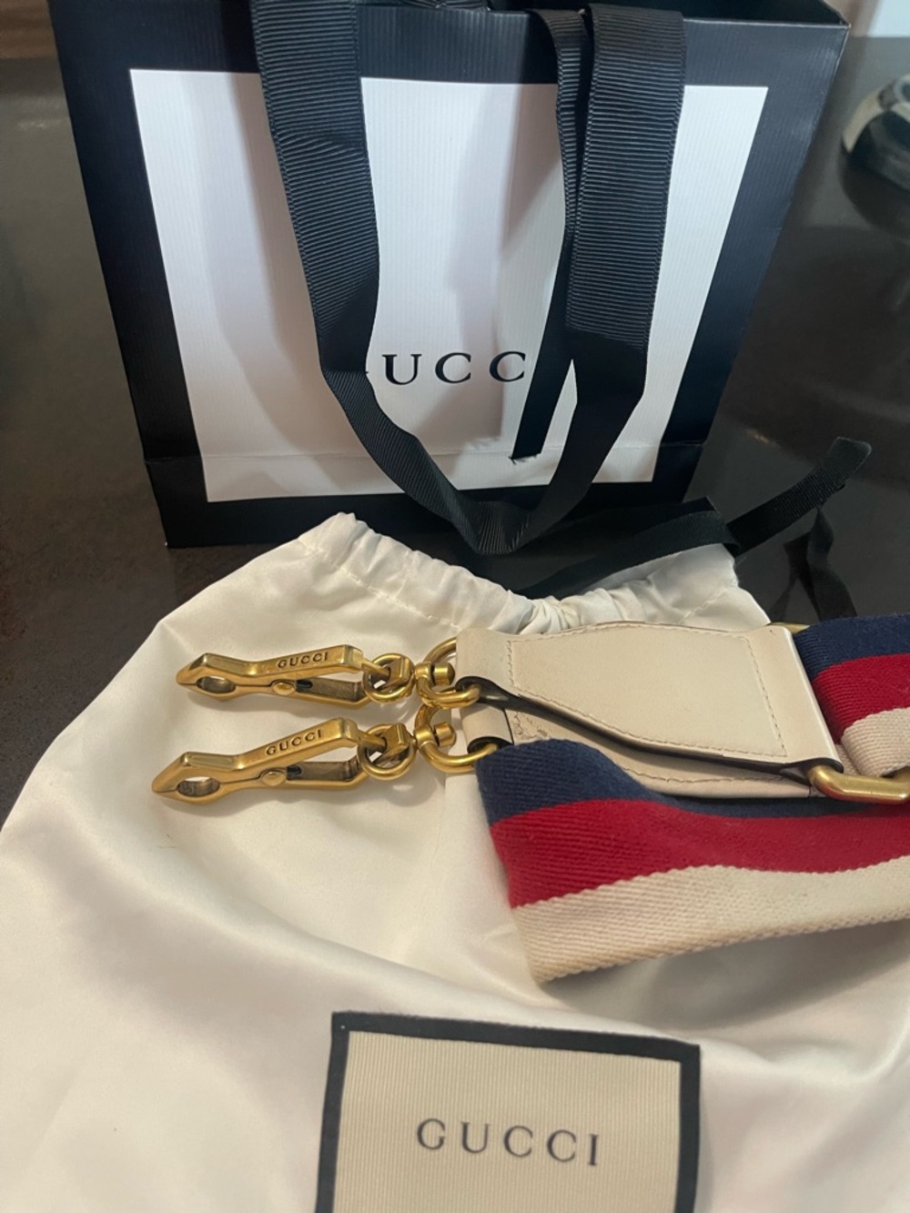 Gucci Blue-Red-White Web Stripe Detachable Shoulder Strap with Gold Hardware